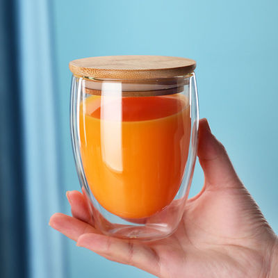 tasses de café en verre de mur de double de 250ml 350ml 450ml avec le couvercle en bambou