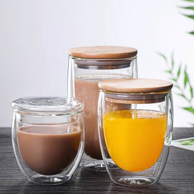 tasses de café en verre de mur de double de 250ml 350ml 450ml avec le couvercle en bambou
