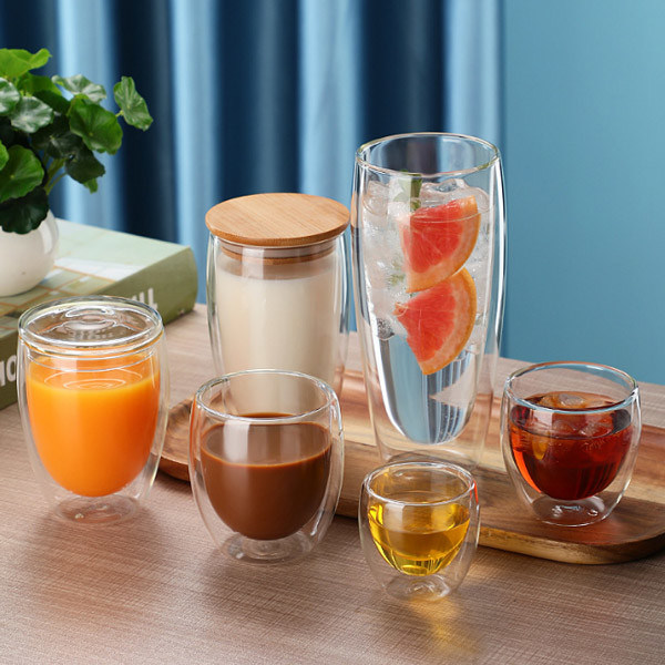 tasses de café en verre de mur de double de 250ml 350ml 450ml avec le couvercle en bambou