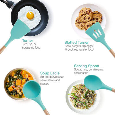 Batteries de cuisine vertes de cuisine de silicone réglées avec les poignées en bambou en bois