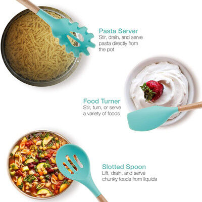 Batteries de cuisine vertes de cuisine de silicone réglées avec les poignées en bambou en bois