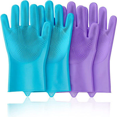 Gants réutilisables de silicone de vaisselle pourpre et bleue pour le nettoyage
