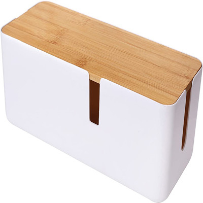 Petite boîte en plastique de gestion de câble avec le couvercle en bambou