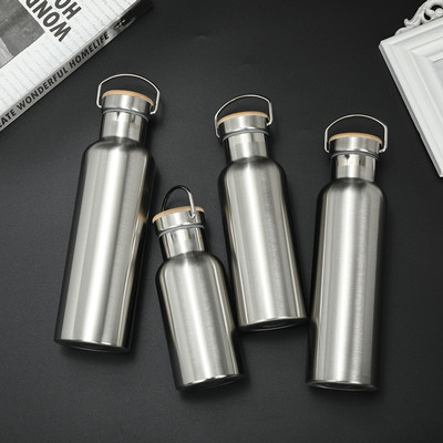 Bouteille de sport isolée en argent à double paroi en acier inoxydable de 12 oz avec couvercle en bois
