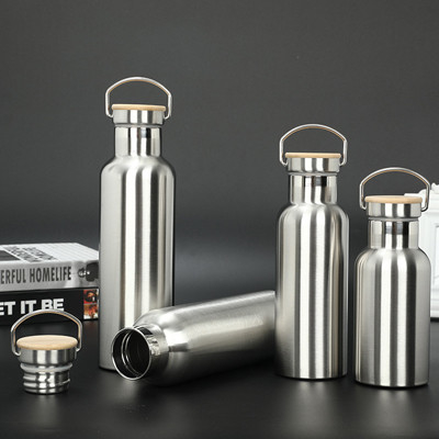 Bouteille de sport isolée en argent à double paroi en acier inoxydable de 12 oz avec couvercle en bois