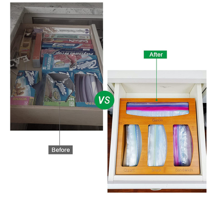 Organisateur en bambou Food Storage de sac de Ziploc de tiroir