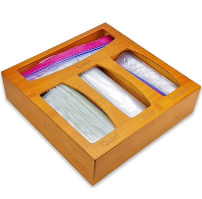 Organisateur en bambou Food Storage de sac de Ziploc de tiroir