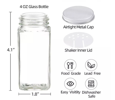 pots carrés d'épice de cuisine de 12pcs 120ml avec des couvercles de Shaker Lids And Airtight Metal