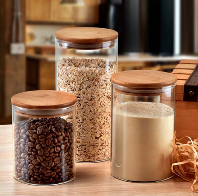 Hauts récipients d'entreposage d'épice en verre de Borosilicate avec les couvercles en bambou