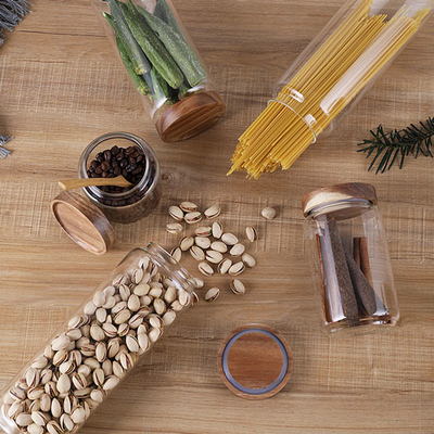récipient d'entreposage en verre de nourriture de 700ml 1000ml 1300ml avec le couvercle en bois hermétique