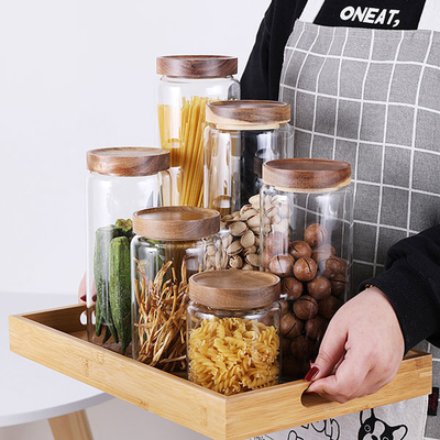 récipient d'entreposage en verre de nourriture de 700ml 1000ml 1300ml avec le couvercle en bois hermétique