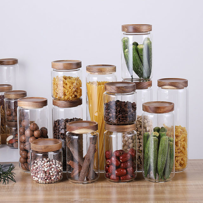 récipient d'entreposage en verre de nourriture de 700ml 1000ml 1300ml avec le couvercle en bois hermétique