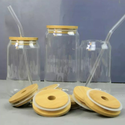 16oz espace libre Mason Soda Juice Glass Jars avec les couvercles en bambou et la paille en verre