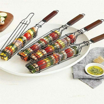 Chiche-kebab en bois antiadhésif de panier de gril de BARBECUE de poignée grillant des paniers