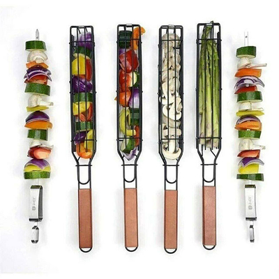 Chiche-kebab en bois antiadhésif de panier de gril de BARBECUE de poignée grillant des paniers