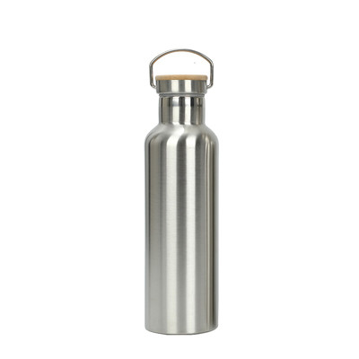 Bouteille de sport isolée en argent à double paroi en acier inoxydable de 12 oz avec couvercle en bois